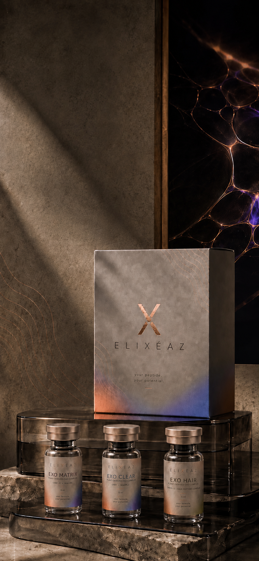 ELIXÉAZ Exo-Vials und Verpackung auf Naturstein